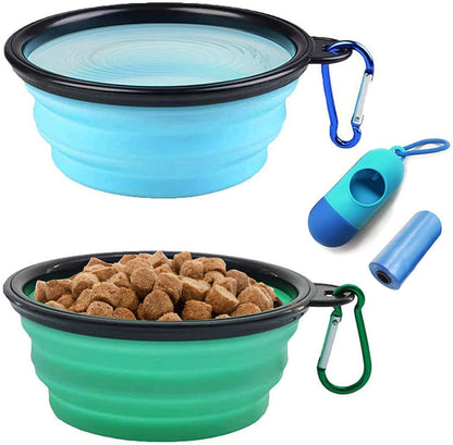 Collapsible Dog Bowls, Portable Travel Dog Bowls, Expandable for Cat Dog Water Bowls Food Feeding, 2 Pack Silicone Pet Bowls with Waste Bag Dispenser