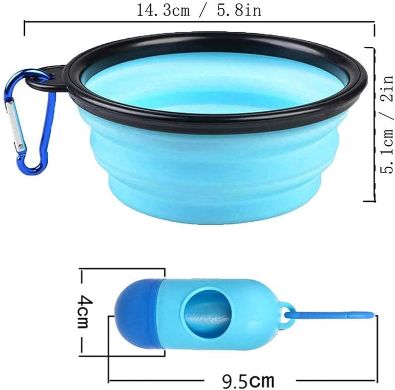 Collapsible Dog Bowls, Portable Travel Dog Bowls, Expandable for Cat Dog Water Bowls Food Feeding, 2 Pack Silicone Pet Bowls with Waste Bag Dispenser