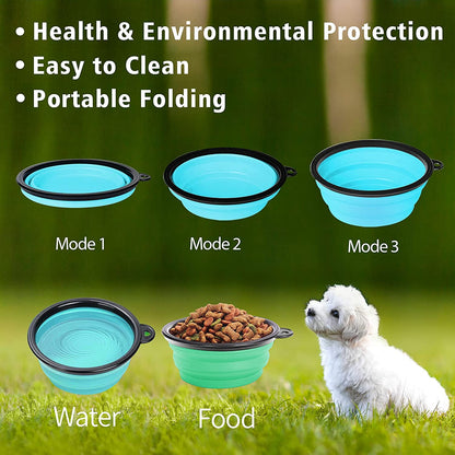 Collapsible Dog Bowls, Portable Travel Dog Bowls, Expandable for Cat Dog Water Bowls Food Feeding, 2 Pack Silicone Pet Bowls with Waste Bag Dispenser