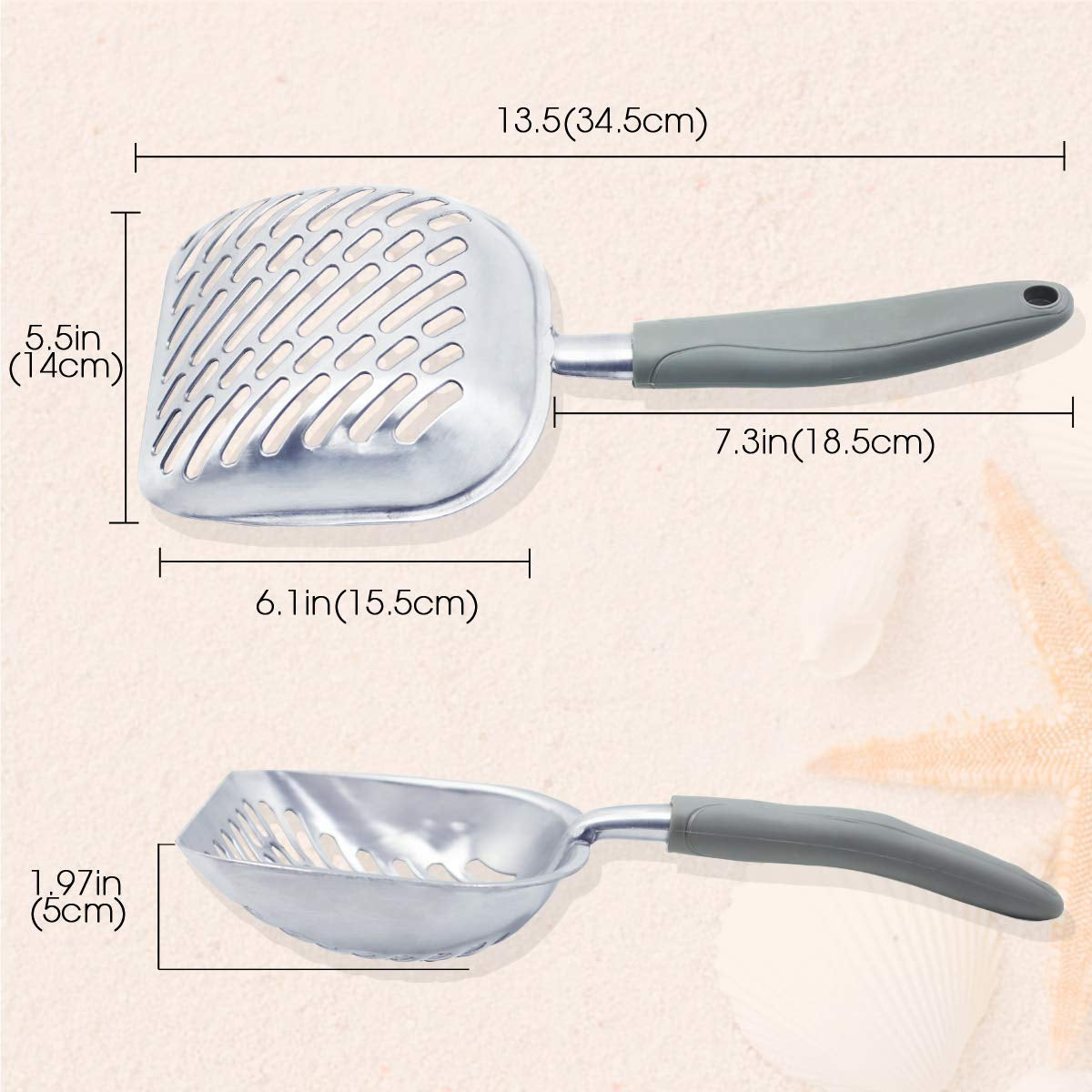 Cat Litter Scoop, Durable Metal Litter Scoop for Kitty, Sifter with Deep Shovel and Ergonomic Handle, Made of Heavy Duty Solid Aluminum, Jumbo Size, Grey