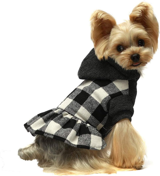 Knitted Plaid Dog Dress Hoodie Sweatshirts Pet Clothes Sweater Coats Cat Outfits Black Small